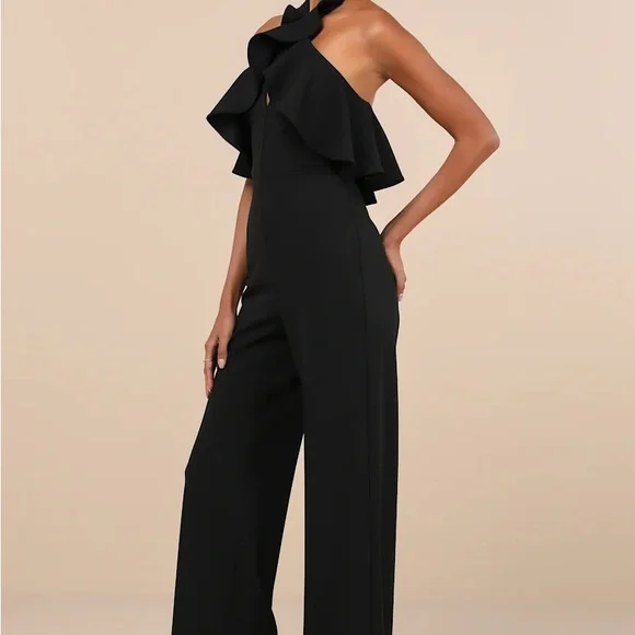 Lulus Elegant Flair Black Ruffled Wide-leg Halter Jumpsuit - Size S - Picture 4 of 6